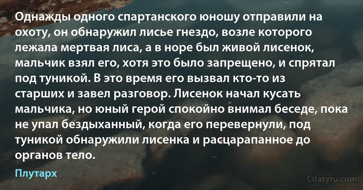 Однажды одного спартанского юношу отправили на охоту, он обнаружил лисье гнездо, возле которого лежала мертвая лиса, а в норе был живой лисенок, мальчик взял его, хотя это было запрещено, и спрятал под туникой. В это время его вызвал кто-то из старших и завел разговор. Лисенок начал кусать мальчика, но юный герой спокойно внимал беседе, пока не упал бездыханный, когда его перевернули, под туникой обнаружили лисенка и расцарапанное до органов тело. (Плутарх)