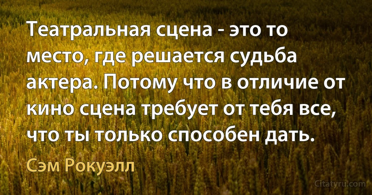 Театральная сцена - это то место, где решается судьба актера. Потому что в отличие от кино сцена требует от тебя все, что ты только способен дать. (Сэм Рокуэлл)