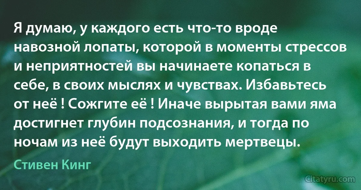 Я думаю, у каждого есть что-то вроде навозной лопаты, которой в моменты стрессов и неприятностей вы начинаете копаться в себе, в своих мыслях и чувствах. Избавьтесь от неё ! Сожгите её ! Иначе вырытая вами яма достигнет глубин подсознания, и тогда по ночам из неё будут выходить мертвецы. (Стивен Кинг)