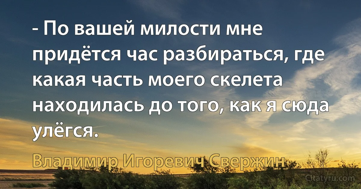 - По вашей милости мне придётся час разбираться, где какая часть моего скелета находилась до того, как я сюда улёгся. (Владимир Игоревич Свержин)