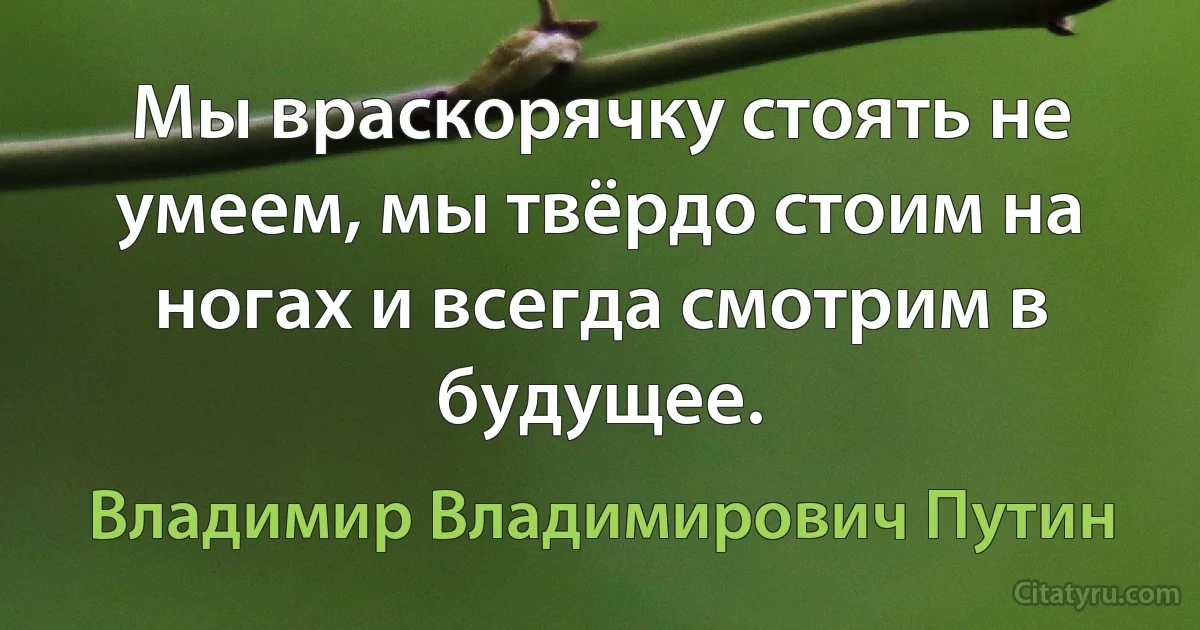 Мы враскорячку стоять не умеем, мы твёрдо стоим на ногах и всегда смотрим в будущее. (Владимир Владимирович Путин)