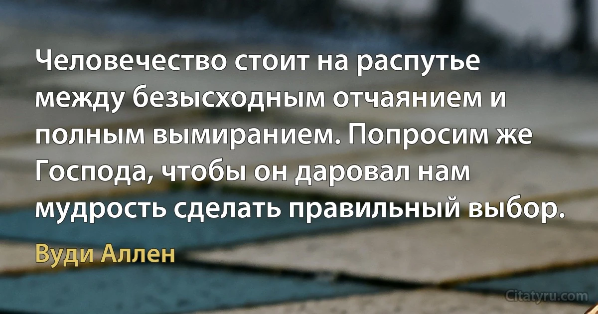 Человечество стоит на распутье между безысходным отчаянием и полным вымиранием. Попросим же Господа, чтобы он даровал нам мудрость сделать правильный выбор. (Вуди Аллен)