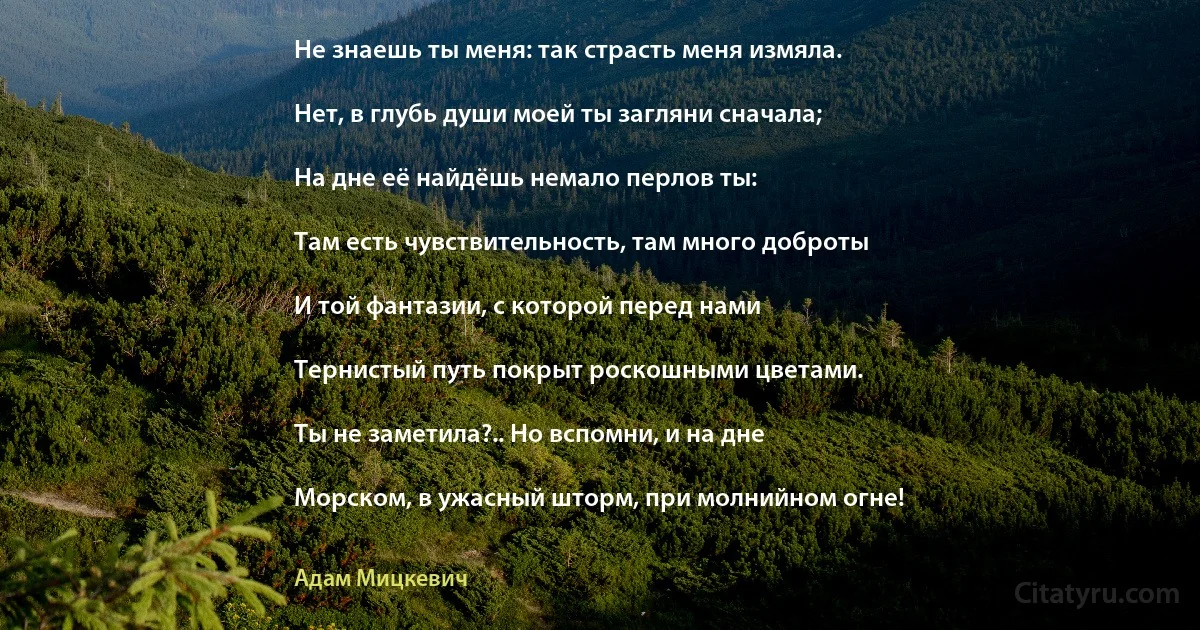 Не знаешь ты меня: так страсть меня измяла.

Нет, в глубь души моей ты загляни сначала;

На дне её найдёшь немало перлов ты:

Там есть чувствительность, там много доброты

И той фантазии, с которой перед нами

Тернистый путь покрыт роскошными цветами.

Ты не заметила?.. Но вспомни, и на дне

Морском, в ужасный шторм, при молнийном огне! (Адам Мицкевич)