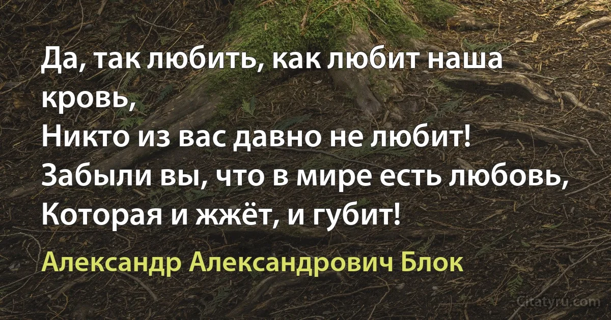 Да, так любить, как любит наша кровь,
Никто из вас давно не любит!
Забыли вы, что в мире есть любовь,
Которая и жжёт, и губит! (Александр Александрович Блок)