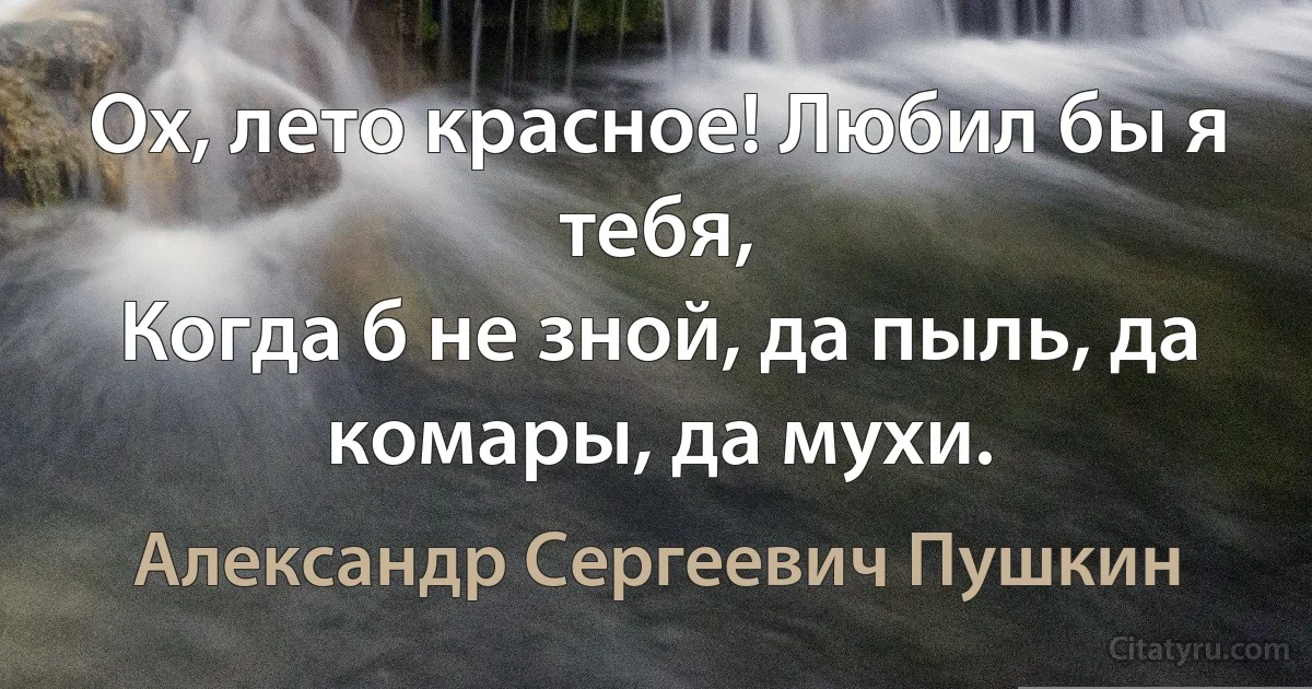 Ох, лето красное! Любил бы я тебя,
Когда б не зной, да пыль, да комары, да мухи. (Александр Сергеевич Пушкин)