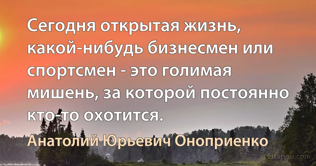 Сегодня открытая жизнь, какой-нибудь бизнесмен или спортсмен - это голимая мишень, за которой постоянно кто-то охотится. (Анатолий Юрьевич Оноприенко)