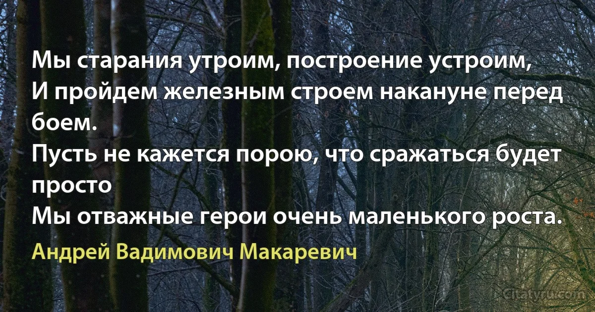 Мы старания утроим, построение устроим,
И пройдем железным строем накануне перед боем.
Пусть не кажется порою, что сражаться будет просто
Мы отважные герои очень маленького роста. (Андрей Вадимович Макаревич)