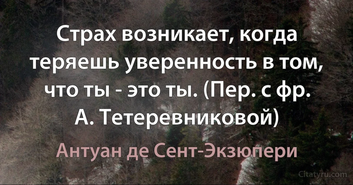 Страх возникает, когда теряешь уверенность в том, что ты - это ты. (Пер. с фр. А. Тетеревниковой) (Антуан де Сент-Экзюпери)