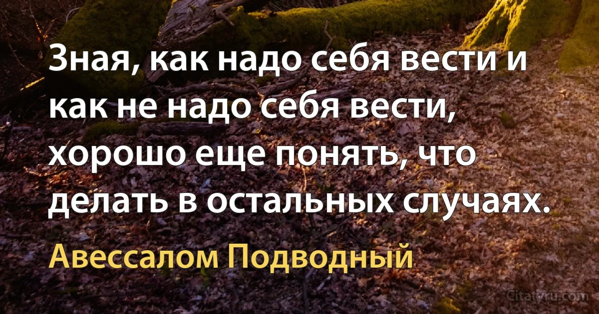 Зная, как надо себя вести и как не надо себя вести, хорошо еще понять, что делать в остальных случаях. (Авессалом Подводный)