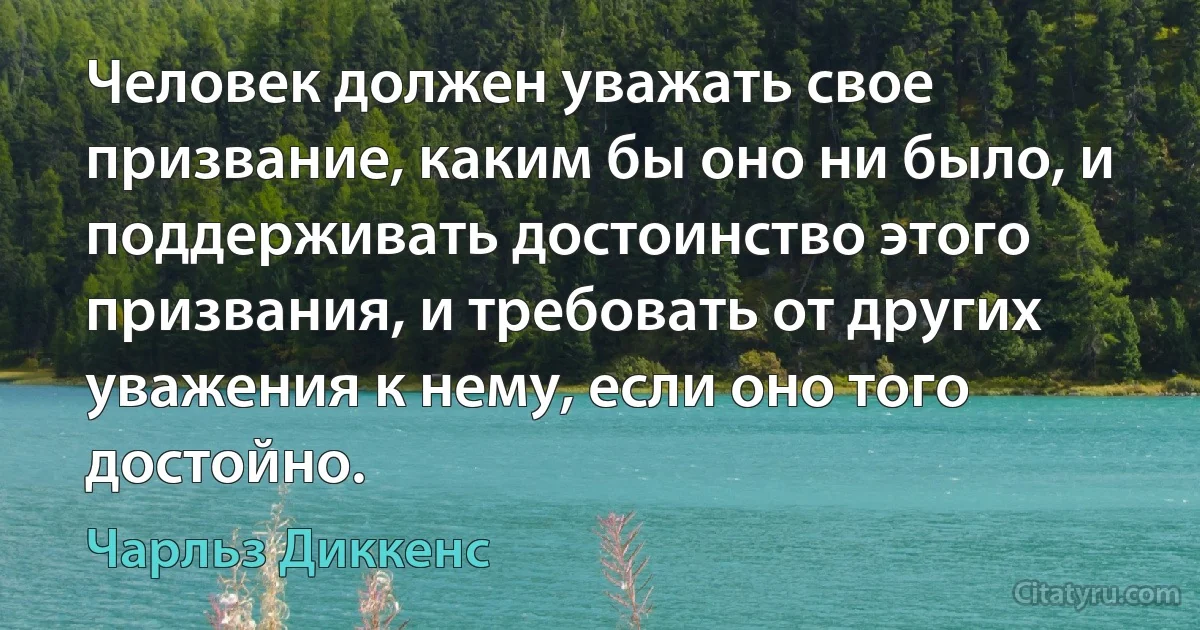 Человек должен уважать свое призвание, каким бы оно ни было, и поддерживать достоинство этого призвания, и требовать от других уважения к нему, если оно того достойно. (Чарльз Диккенс)