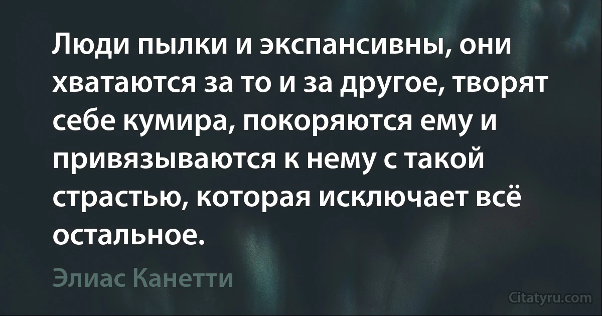 Люди пылки и экспансивны, они хватаются за то и за другое, творят себе кумира, покоряются ему и привязываются к нему с такой страстью, которая исключает всё остальное. (Элиас Канетти)