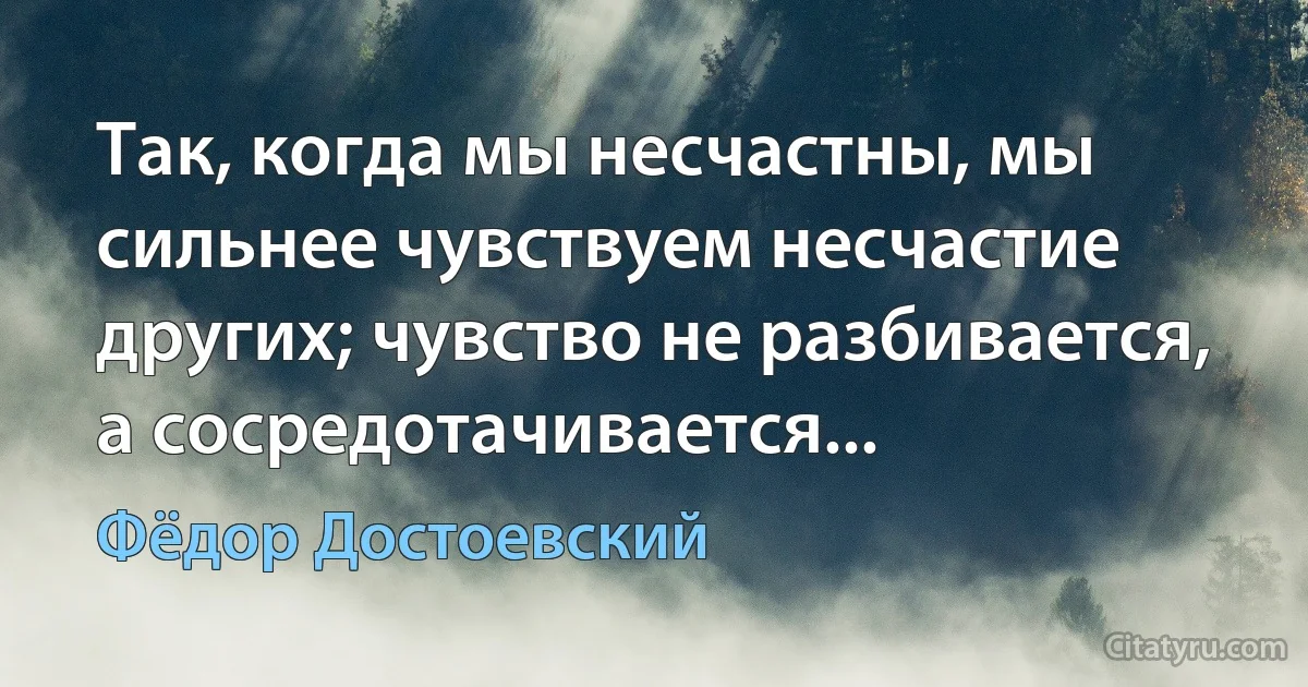 Так, когда мы несчастны, мы сильнее чувствуем несчастие других; чувство не разбивается, а сосредотачивается... (Фёдор Достоевский)