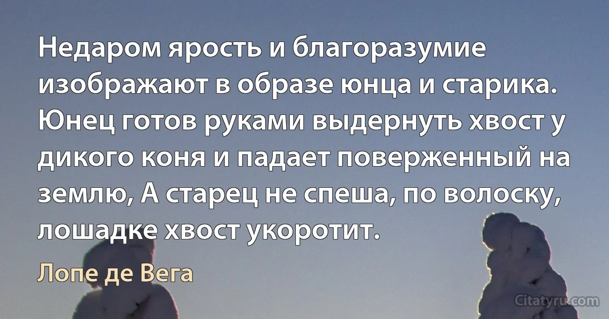 Недаром ярость и благоразумие изображают в образе юнца и старика. Юнец готов руками выдернуть хвост у дикого коня и падает поверженный на землю, А старец не спеша, по волоску, лошадке хвост укоротит. (Лопе де Вега)