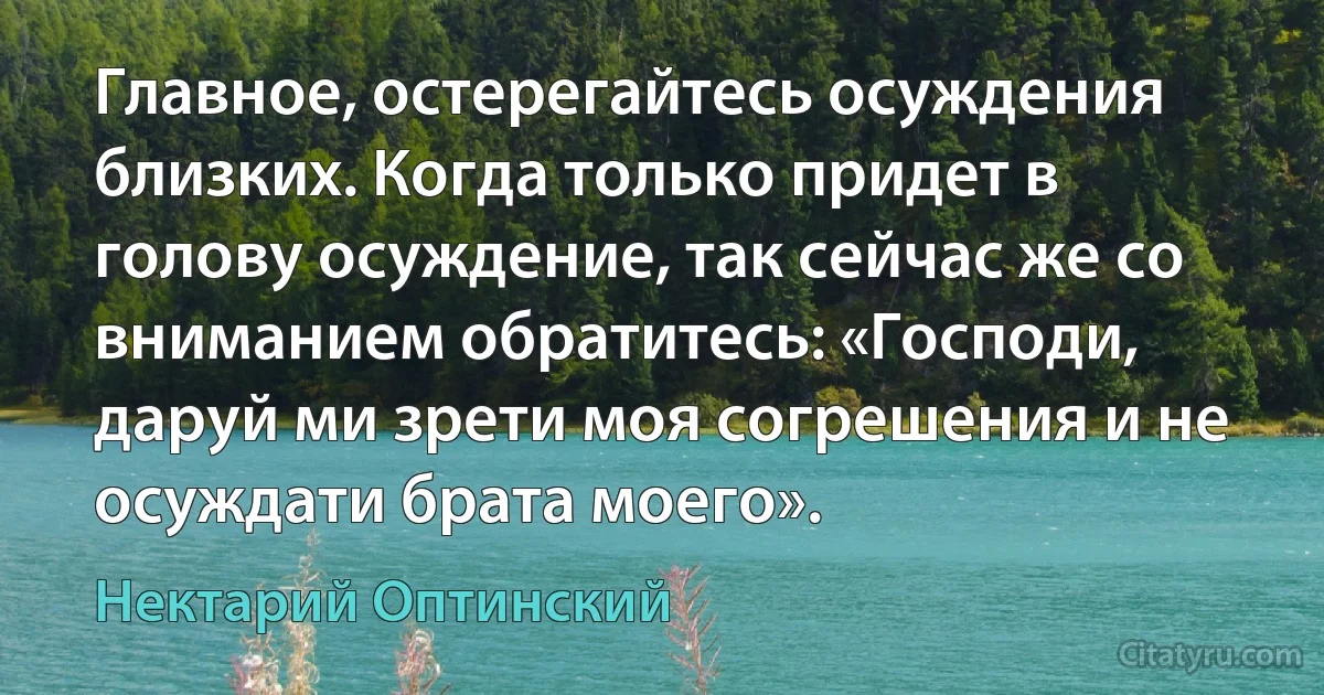 Главное, остерегайтесь осуждения близких. Когда только придет в голову осуждение, так сейчас же со вниманием обратитесь: «Господи, даруй ми зрети моя согрешения и не осуждати брата моего». (Нектарий Оптинский)