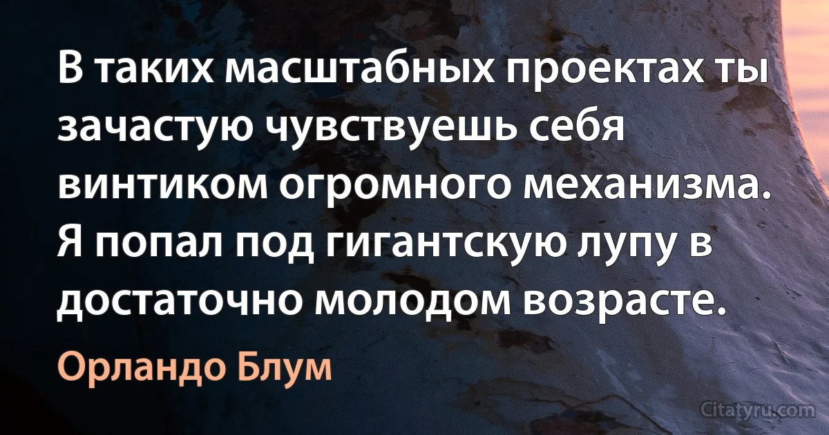 В таких масштабных проектах ты зачастую чувствуешь себя винтиком огромного механизма. Я попал под гигантскую лупу в достаточно молодом возрасте. (Орландо Блум)