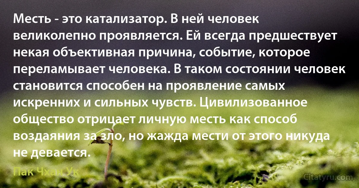 Месть - это катализатор. В ней человек великолепно проявляется. Ей всегда предшествует некая объективная причина, событие, которое переламывает человека. В таком состоянии человек становится способен на проявление самых искренних и сильных чувств. Цивилизованное общество отрицает личную месть как способ воздаяния за зло, но жажда мести от этого никуда не девается. (Пак Чхан Ук)