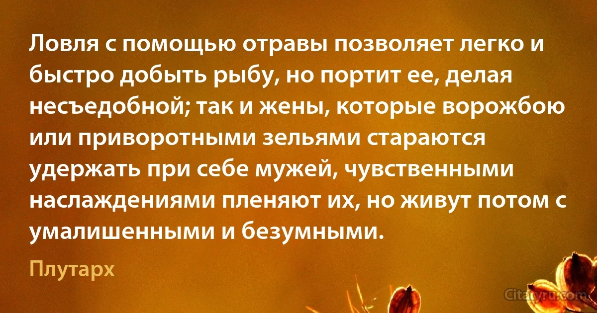 Ловля с помощью отравы позволяет легко и быстро добыть рыбу, но портит ее, делая несъедобной; так и жены, которые ворожбою или приворотными зельями стараются удержать при себе мужей, чувственными наслаждениями пленяют их, но живут потом с умалишенными и безумными. (Плутарх)