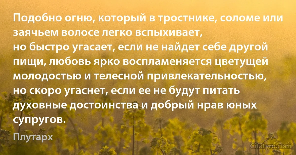 Подобно огню, который в тростнике, соломе или заячьем волосе легко вспыхивает,
но быстро угасает, если не найдет себе другой
пищи, любовь ярко воспламеняется цветущей
молодостью и телесной привлекательностью,
но скоро угаснет, если ее не будут питать
духовные достоинства и добрый нрав юных супругов. (Плутарх)