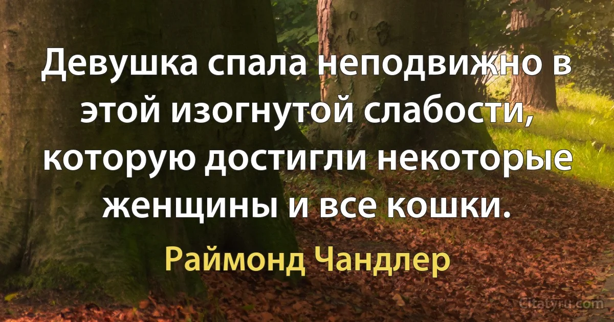 Девушка спала неподвижно в этой изогнутой слабости, которую достигли некоторые женщины и все кошки. (Раймонд Чандлер)