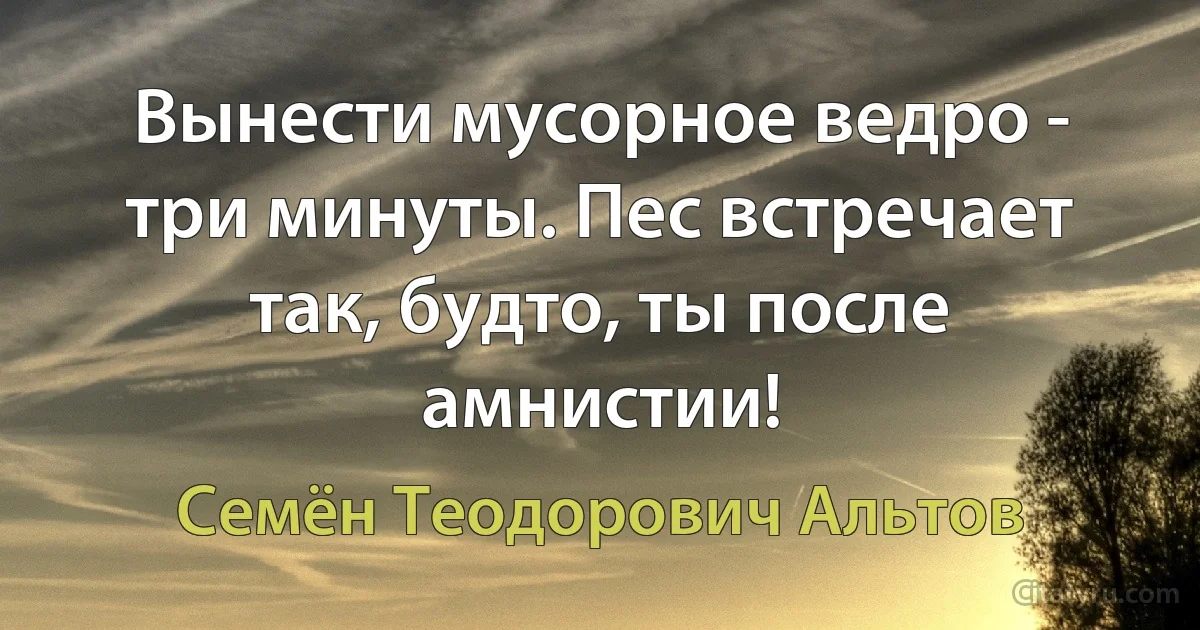 Вынести мусорное ведро - три минуты. Пес встречает так, будто, ты после амнистии! (Семён Теодорович Альтов)