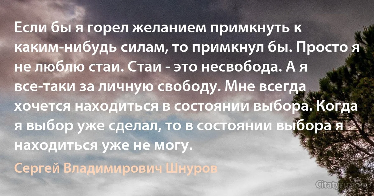 Если бы я горел желанием примкнуть к каким-нибудь силам, то примкнул бы. Просто я не люблю стаи. Стаи - это несвобода. А я все-таки за личную свободу. Мне всегда хочется находиться в состоянии выбора. Когда я выбор уже сделал, то в состоянии выбора я находиться уже не могу. (Сергей Владимирович Шнуров)