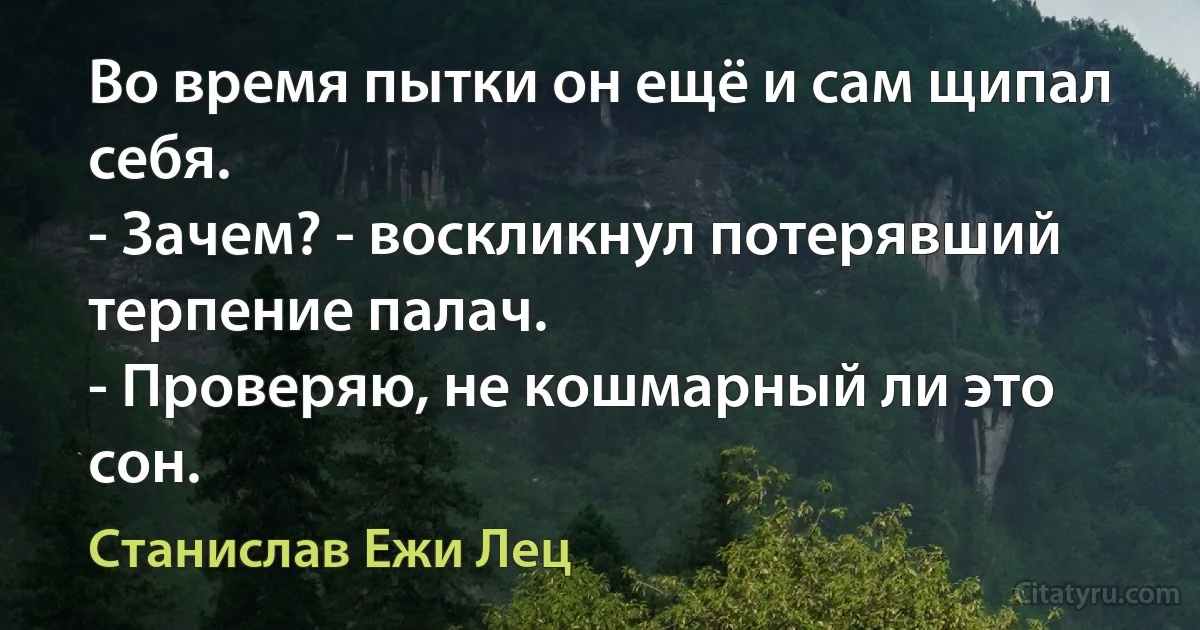 Во время пытки он ещё и сам щипал себя.
- Зачем? - воскликнул потерявший терпение палач.
- Проверяю, не кошмарный ли это сон. (Станислав Ежи Лец)