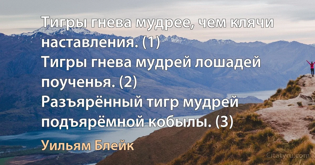 Тигры гнева мудрее, чем клячи наставления. (1)
Тигры гнева мудрей лошадей поученья. (2)
Разъярённый тигр мудрей подъярёмной кобылы. (3) (Уильям Блейк)