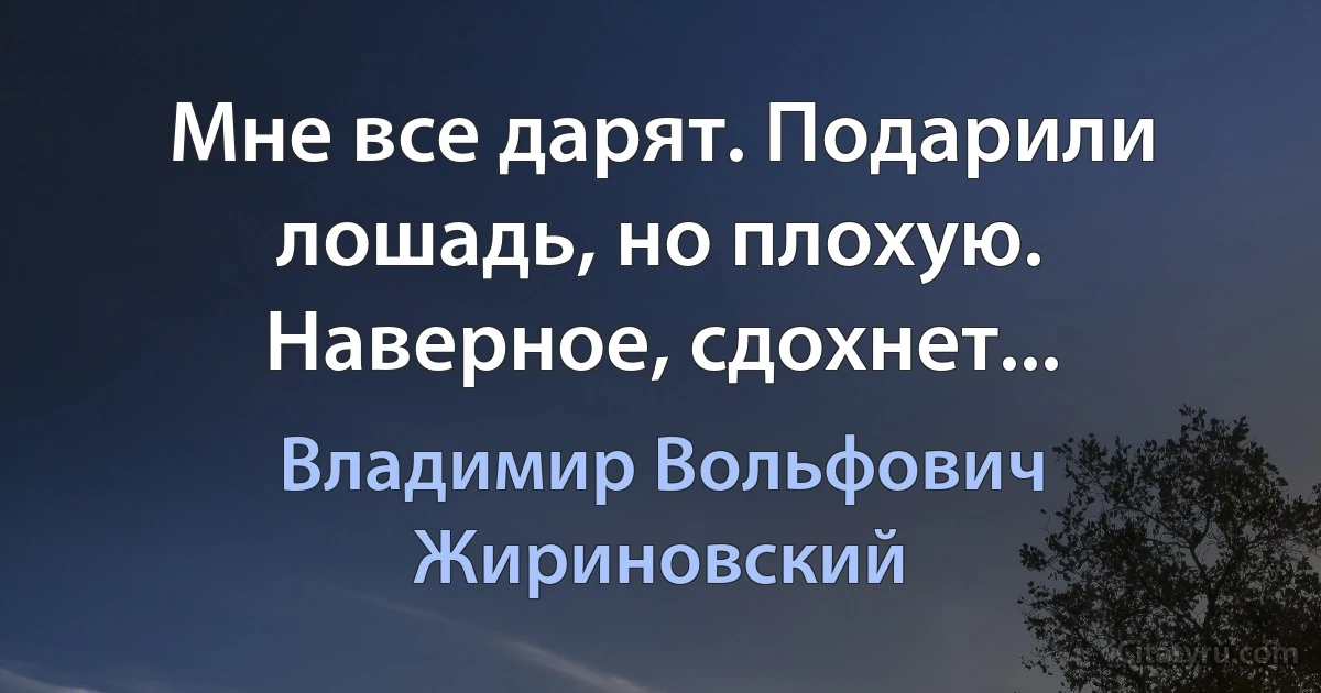 Мне все дарят. Подарили лошадь, но плохую. Наверное, сдохнет... (Владимир Вольфович Жириновский)