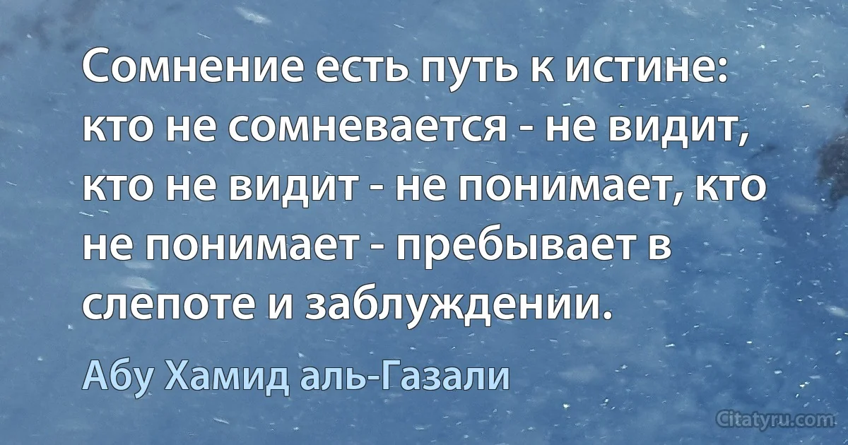 Сомнение есть путь к истине: кто не сомневается - не видит, кто не видит - не понимает, кто не понимает - пребывает в слепоте и заблуждении. (Абу Хамид аль-Газали)