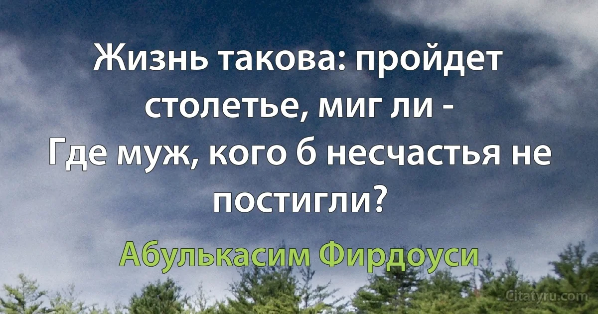 Жизнь такова: пройдет столетье, миг ли -
Где муж, кого б несчастья не постигли? (Абулькасим Фирдоуси)