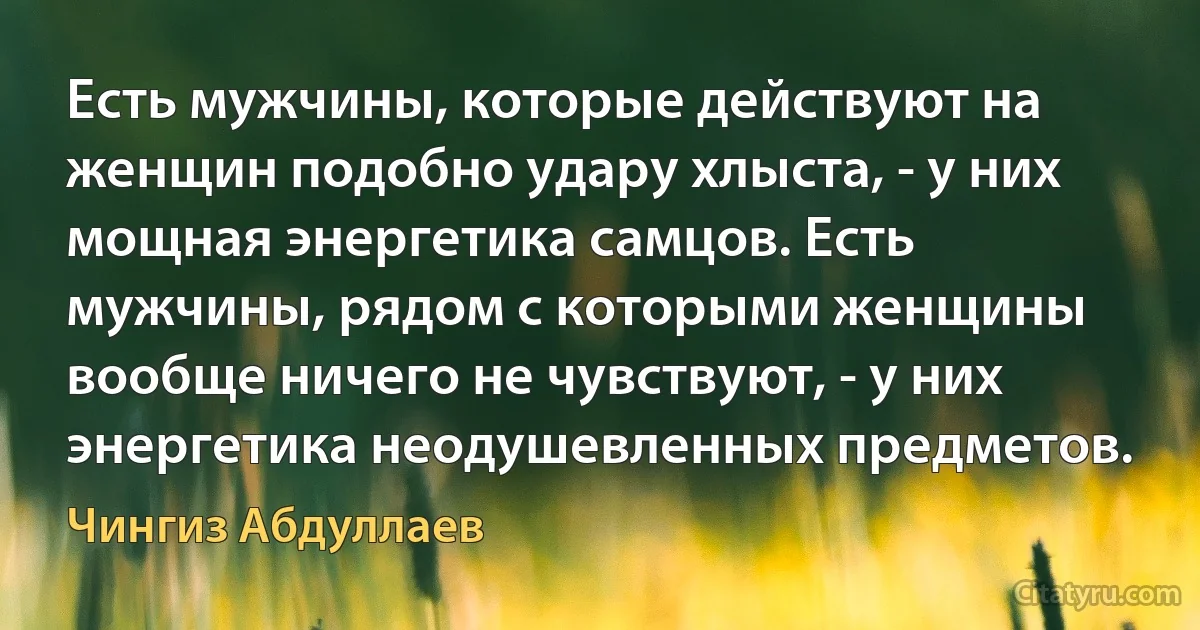 Есть мужчины, которые действуют на женщин подобно удару хлыста, - у них мощная энергетика самцов. Есть мужчины, рядом с которыми женщины вообще ничего не чувствуют, - у них энергетика неодушевленных предметов. (Чингиз Абдуллаев)