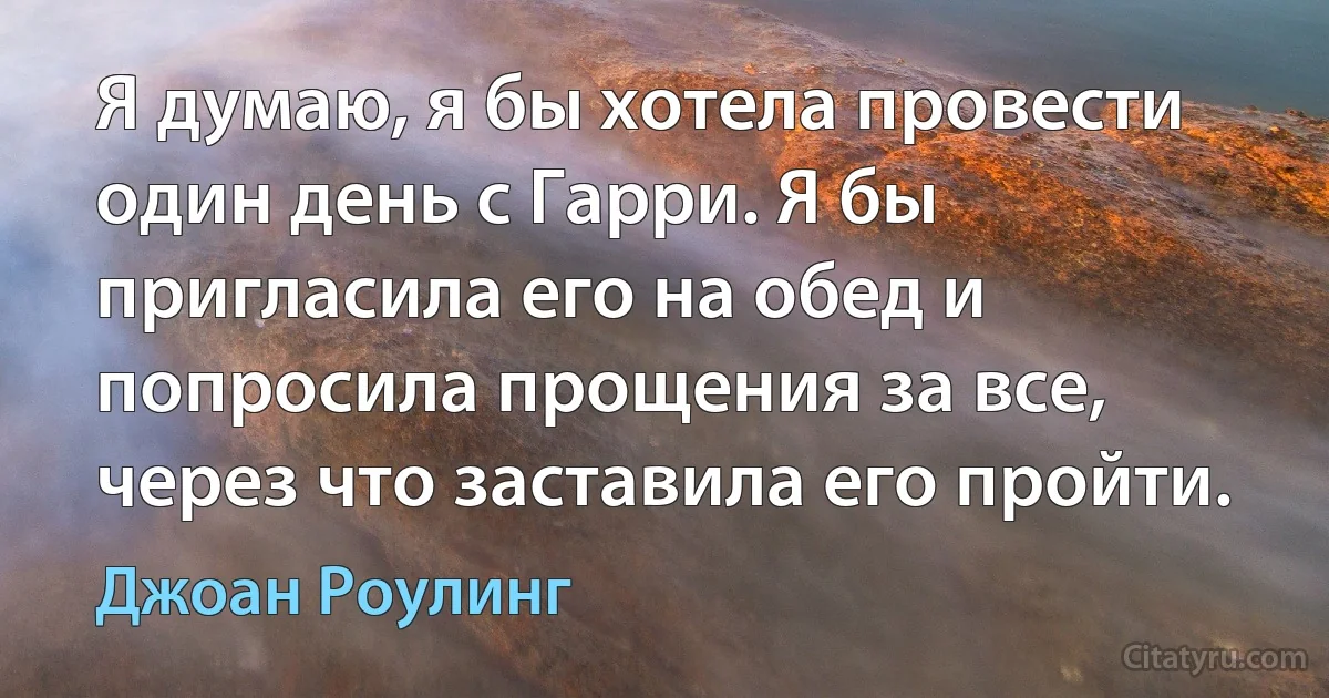 Я думаю, я бы хотела провести один день с Гарри. Я бы пригласила его на обед и попросила прощения за все, через что заставила его пройти. (Джоан Роулинг)