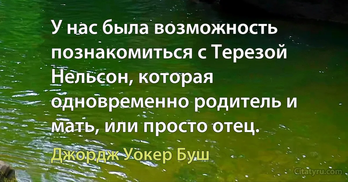 У нас была возможность познакомиться с Терезой Нельсон, которая одновременно родитель и мать, или просто отец. (Джордж Уокер Буш)