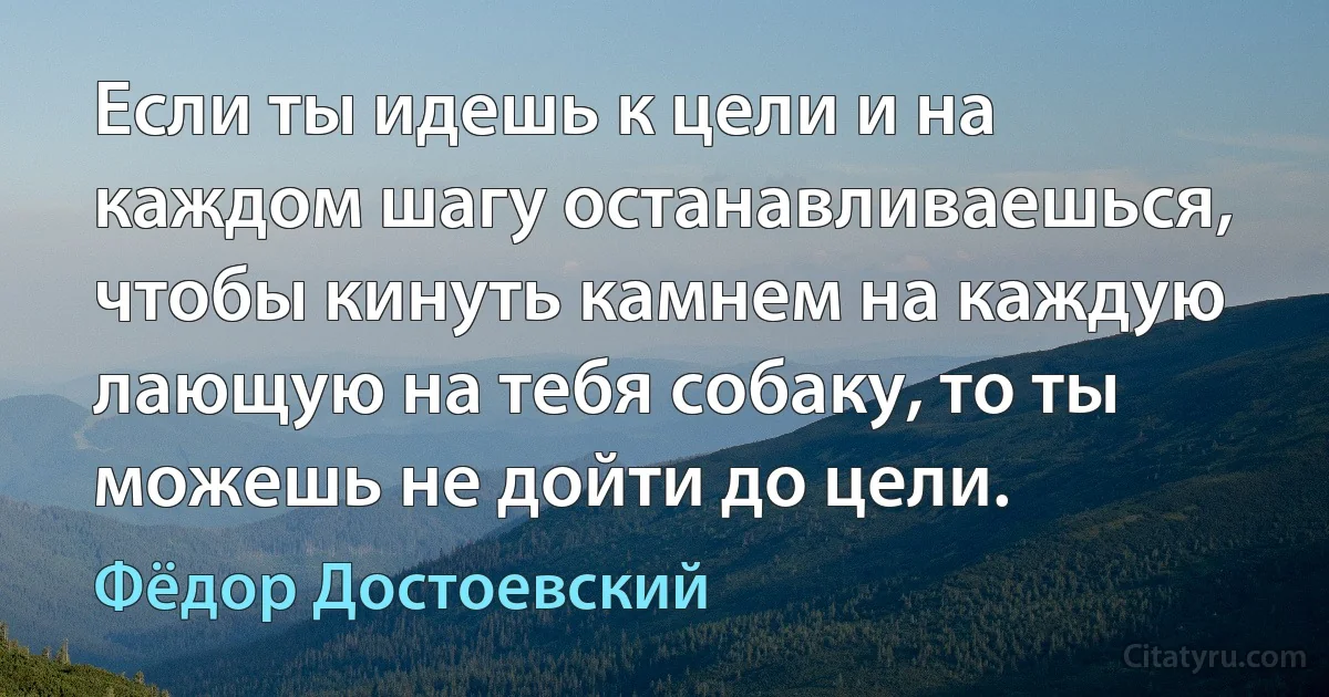 Если ты идешь к цели и на каждом шагу останавливаешься, чтобы кинуть камнем на каждую лающую на тебя собаку, то ты можешь не дойти до цели. (Фёдор Достоевский)