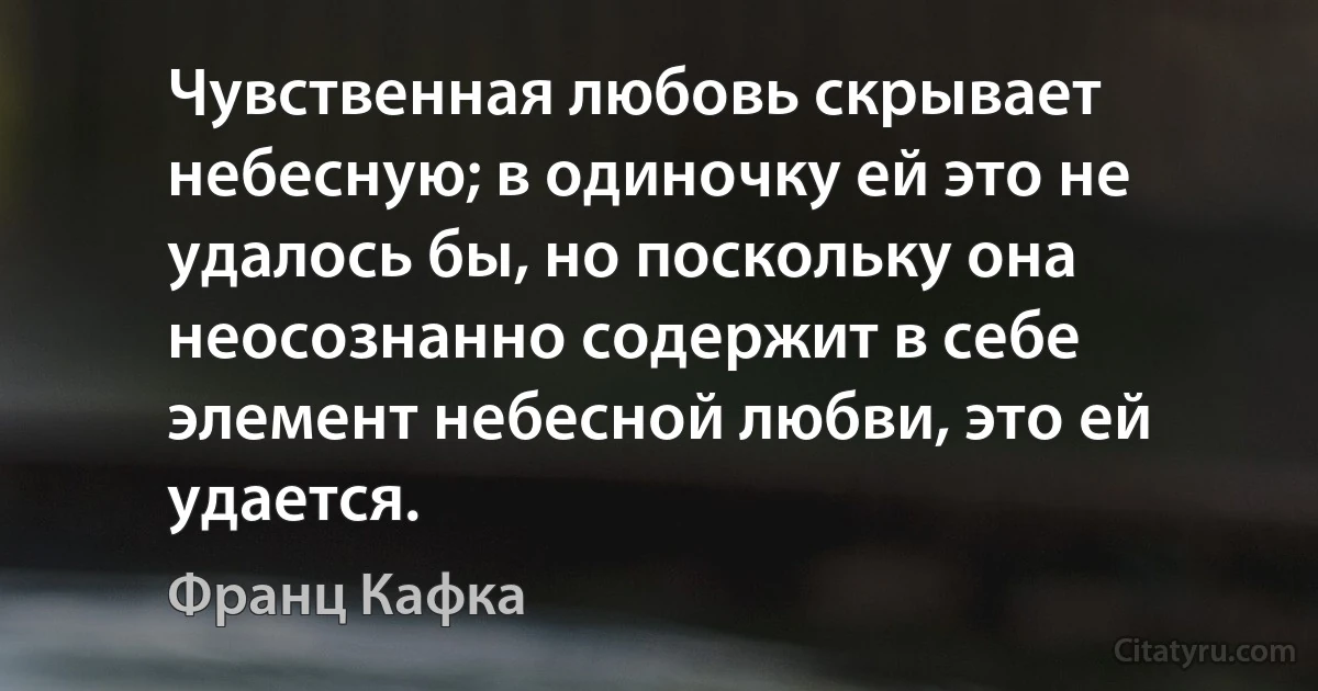 Чувственная любовь скрывает небесную; в одиночку ей это не удалось бы, но поскольку она неосознанно содержит в себе элемент небесной любви, это ей удается. (Франц Кафка)