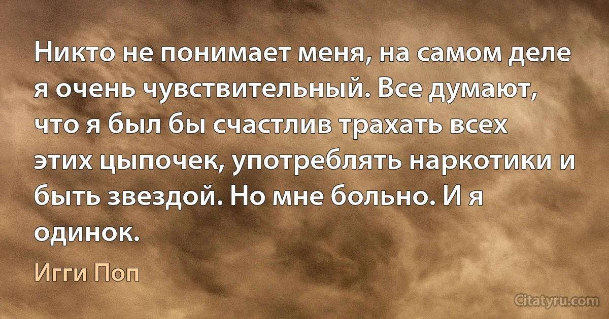 Никто не понимает меня, на самом деле я очень чувствительный. Все думают, что я был бы счастлив трахать всех этих цыпочек, употреблять наркотики и быть звездой. Но мне больно. И я одинок. (Игги Поп)