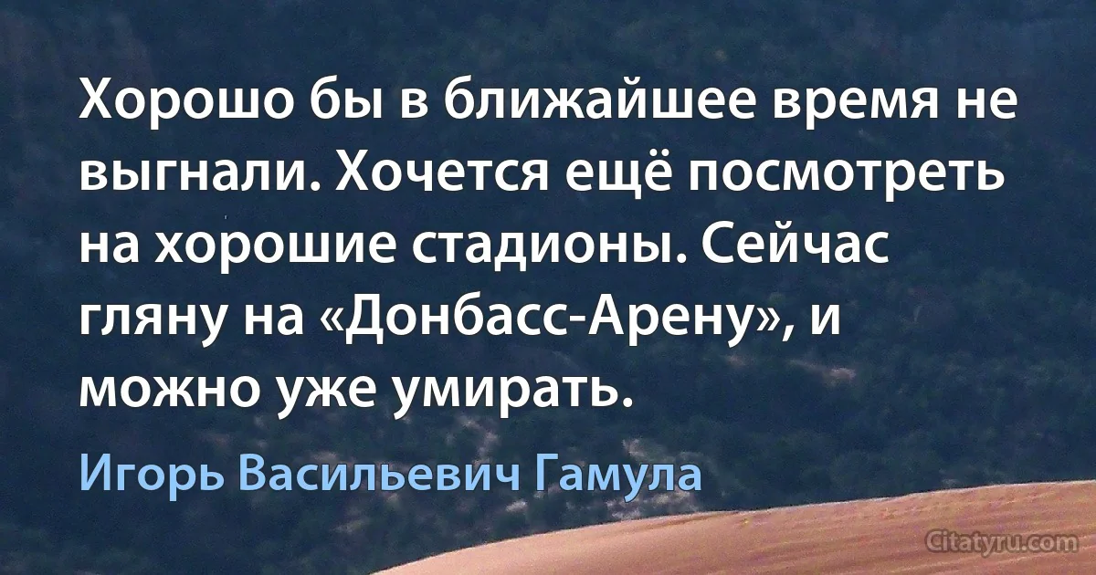 Хорошо бы в ближайшее время не выгнали. Хочется ещё посмотреть на хорошие стадионы. Сейчас гляну на «Донбасс-Арену», и можно уже умирать. (Игорь Васильевич Гамула)