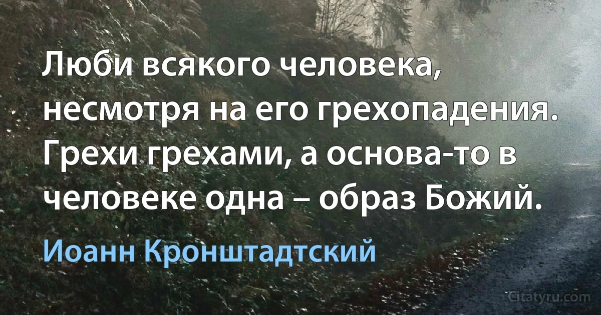 Люби всякого человека, несмотря на его грехопадения. Грехи грехами, а основа-то в человеке одна – образ Божий. (Иоанн Кронштадтский)