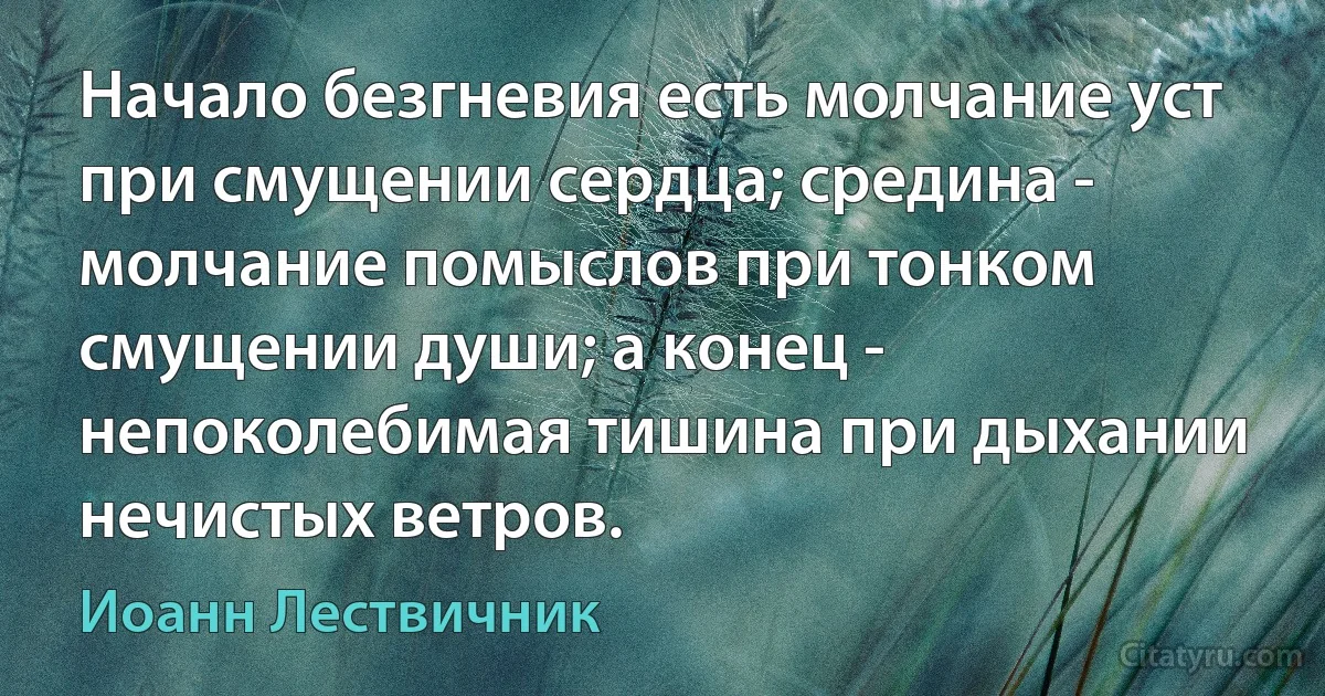 Начало безгневия есть молчание уст при смущении сердца; средина - молчание помыслов при тонком смущении души; а конец - непоколебимая тишина при дыхании нечистых ветров. (Иоанн Лествичник)