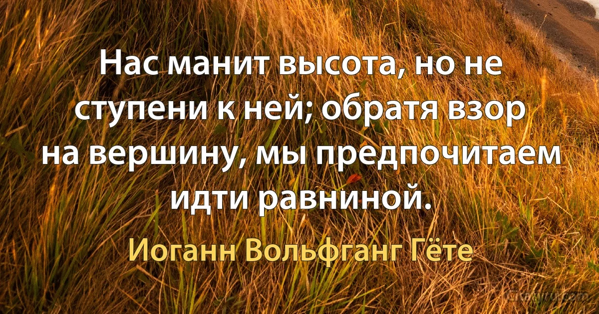 Нас манит высота, но не ступени к ней; обратя взор на вершину, мы предпочитаем идти равниной. (Иоганн Вольфганг Гёте)