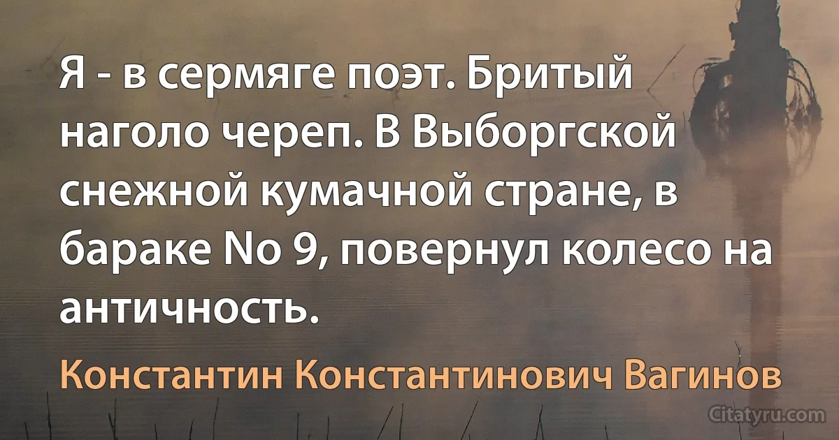 Я - в сермяге поэт. Бритый наголо череп. В Выборгской снежной кумачной стране, в бараке No 9, повернул колесо на античность. (Константин Константинович Вагинов)