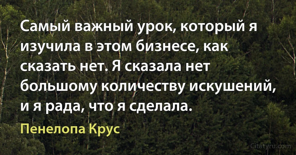 Самый важный урок, который я изучила в этом бизнесе, как сказать нет. Я сказала нет большому количеству искушений, и я рада, что я сделала. (Пенелопа Крус)