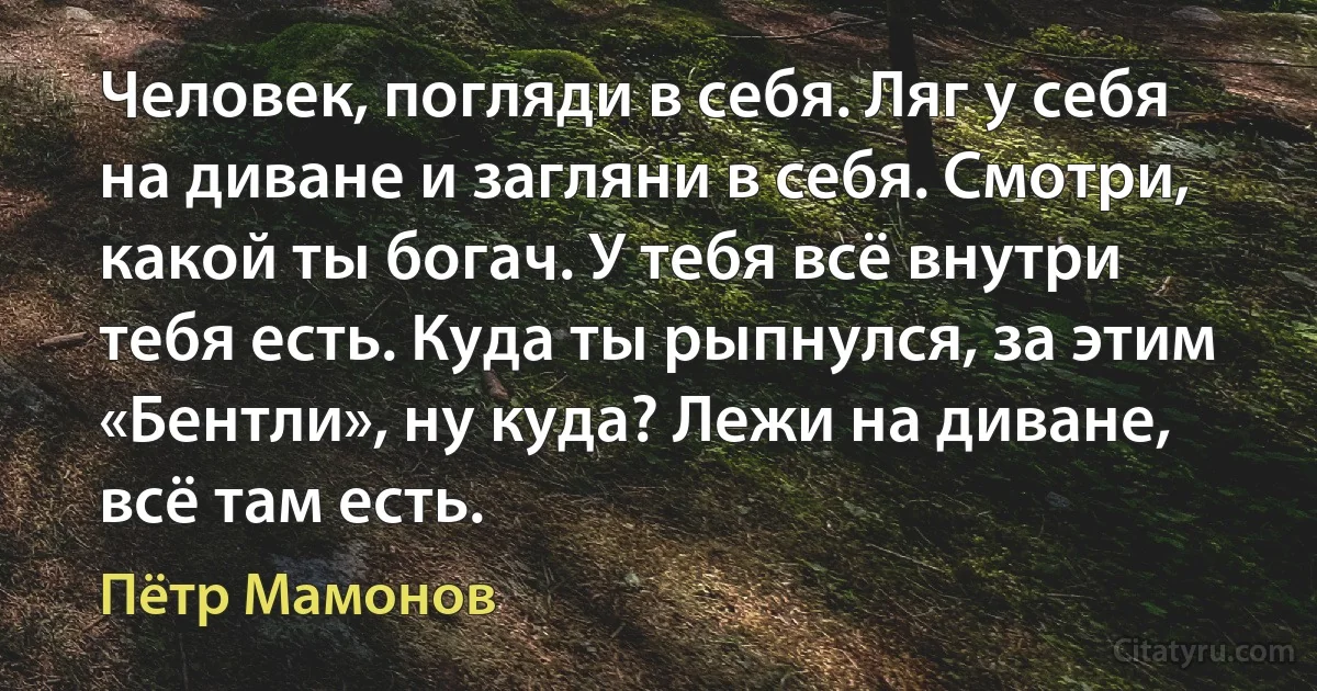 Человек, погляди в себя. Ляг у себя на диване и загляни в себя. Смотри, какой ты богач. У тебя всё внутри тебя есть. Куда ты рыпнулся, за этим «Бентли», ну куда? Лежи на диване, всё там есть. (Пётр Мамонов)