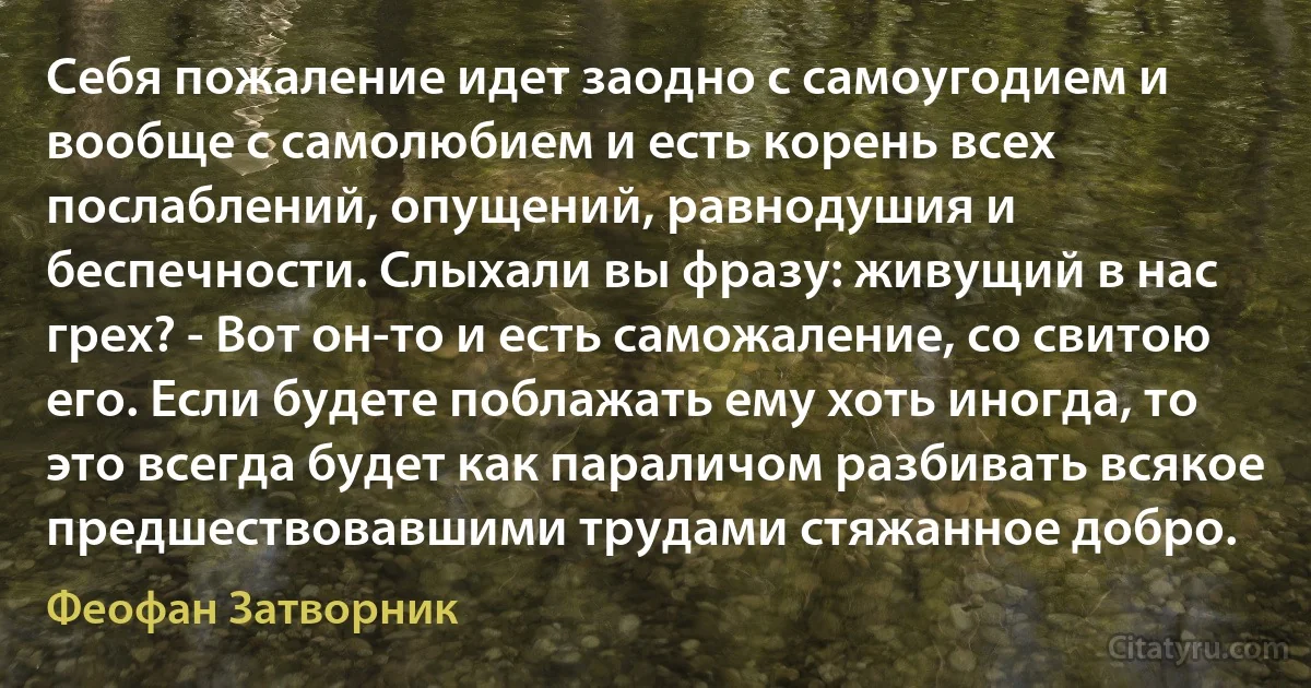 Себя пожаление идет заодно с самоугодием и вообще с самолюбием и есть корень всех послаблений, опущений, равнодушия и беспечности. Слыхали вы фразу: живущий в нас грех? - Вот он-то и есть саможаление, со свитою его. Если будете поблажать ему хоть иногда, то это всегда будет как параличом разбивать всякое предшествовавшими трудами стяжанное добро. (Феофан Затворник)