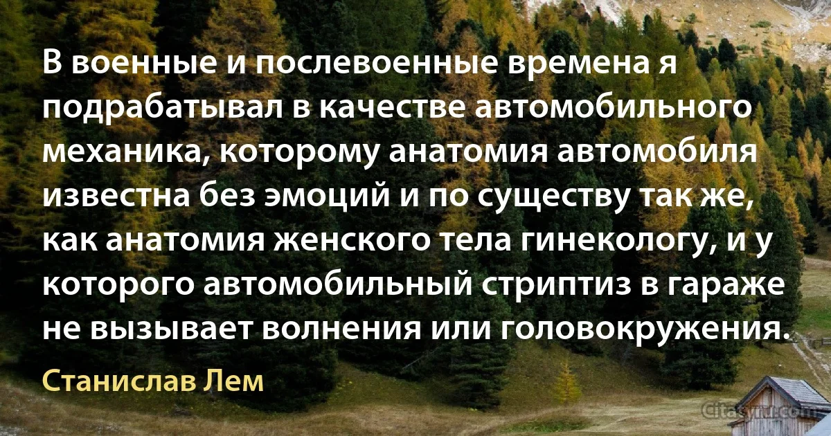 В военные и послевоенные времена я подрабатывал в качестве автомобильного механика, которому анатомия автомобиля известна без эмоций и по существу так же, как анатомия женского тела гинекологу, и у которого автомобильный стриптиз в гараже не вызывает волнения или головокружения. (Станислав Лем)