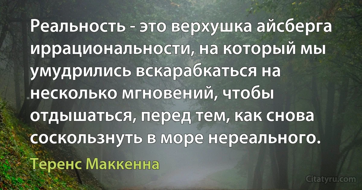 Реальность - это верхушка айсберга иррациональности, на который мы умудрились вскарабкаться на несколько мгновений, чтобы отдышаться, перед тем, как снова соскользнуть в море нереального. (Теренс Маккенна)