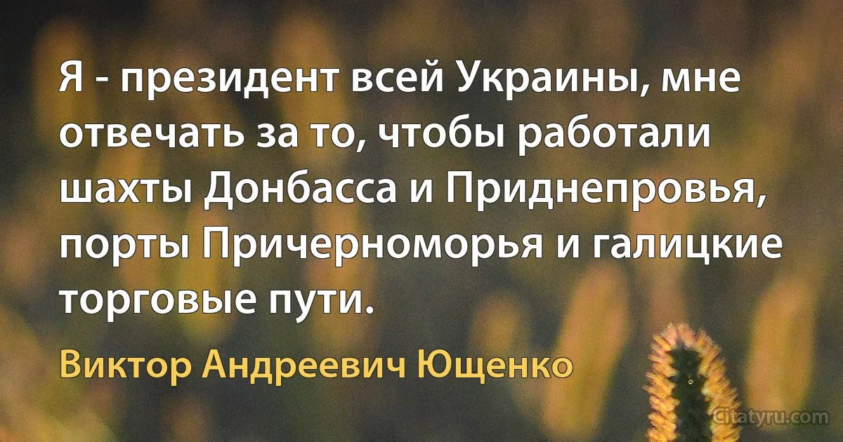 Я - президент всей Украины, мне отвечать за то, чтобы работали шахты Донбасса и Приднепровья, порты Причерноморья и галицкие торговые пути. (Виктор Андреевич Ющенко)