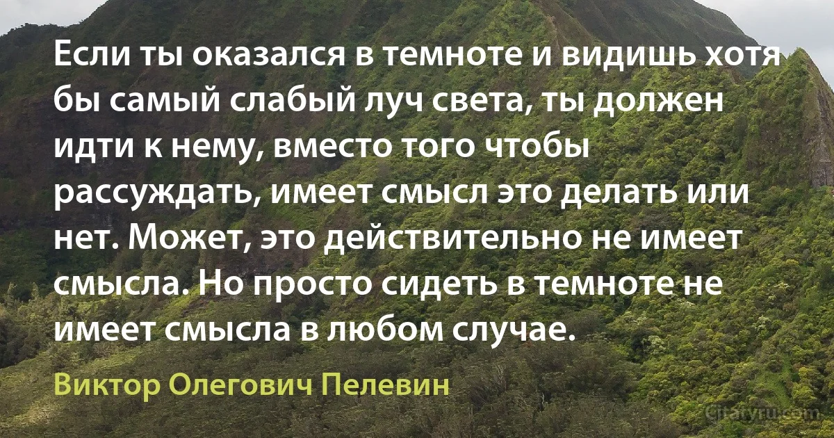 Если ты оказался в темноте и видишь хотя бы самый слабый луч света, ты должен идти к нему, вместо того чтобы рассуждать, имеет смысл это делать или нет. Может, это действительно не имеет смысла. Но просто сидеть в темноте не имеет смысла в любом случае. (Виктор Олегович Пелевин)