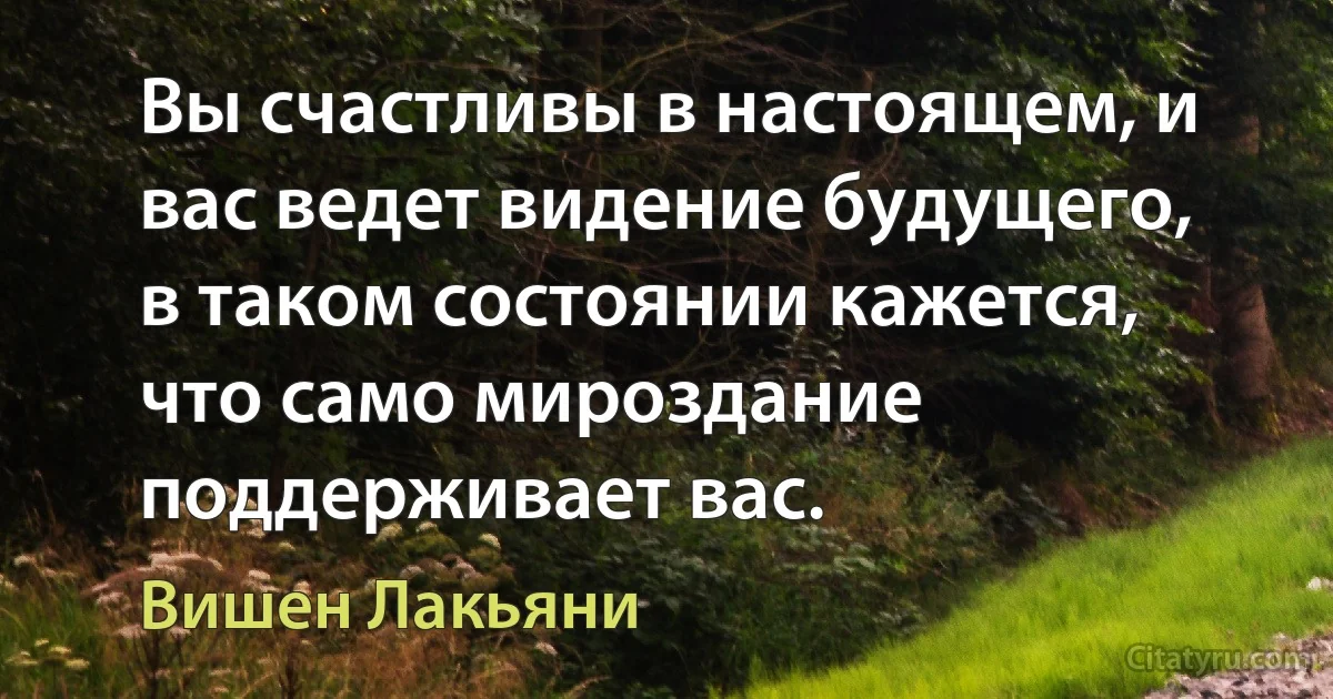 Вы счастливы в настоящем, и вас ведет видение будущего, в таком состоянии кажется, что само мироздание поддерживает вас. (Вишен Лакьяни)