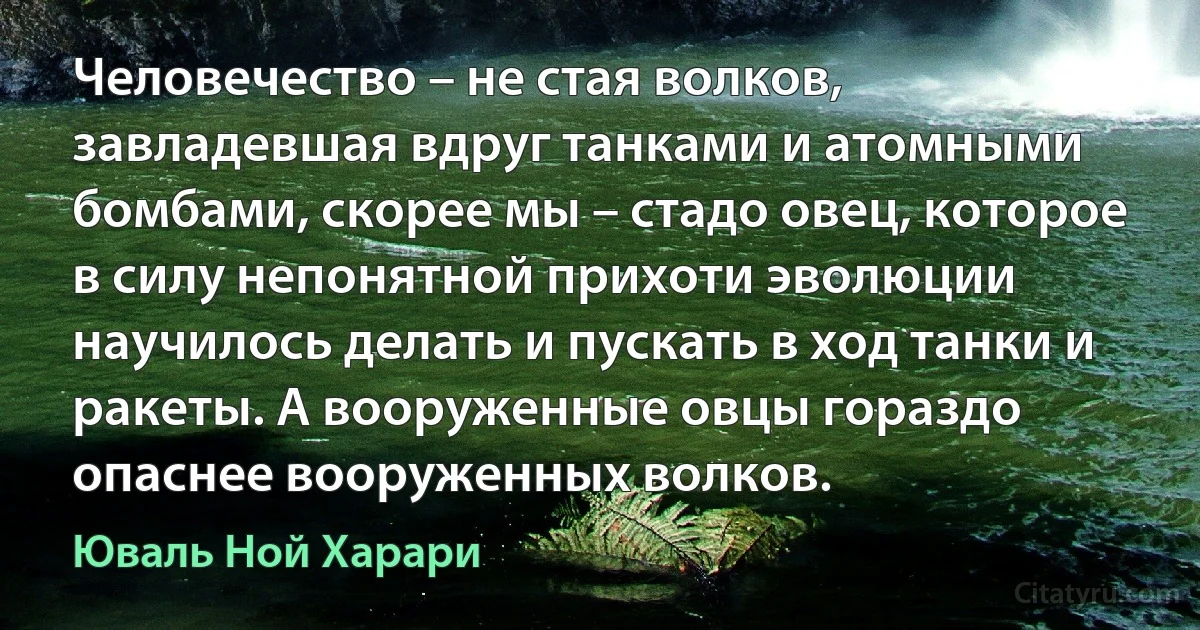 Человечество – не стая волков, завладевшая вдруг танками и атомными бомбами, скорее мы – стадо овец, которое в силу непонятной прихоти эволюции научилось делать и пускать в ход танки и ракеты. А вооруженные овцы гораздо опаснее вооруженных волков. (Юваль Ной Харари)